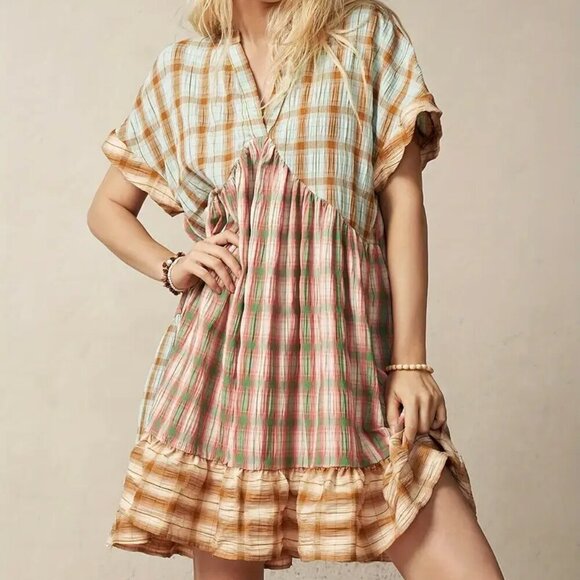 Plaid Ruffle Hem V-Neck Dress - Picture 2 of 5